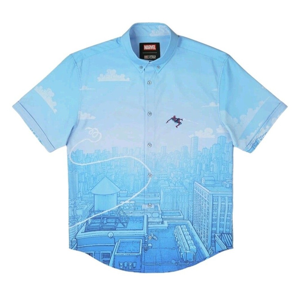 RSVLTS X Spider-Man Skyline Slingin Sz Large Mens Marvel Button Down Shirt City